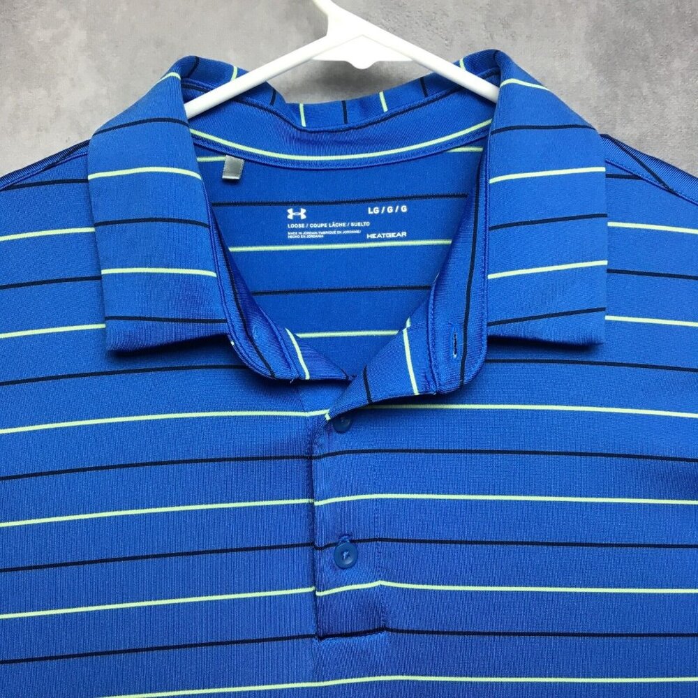 Under Armour Mens Golf‎ Polo Shirt size Large Blue Striped Short Sleeve Stretch